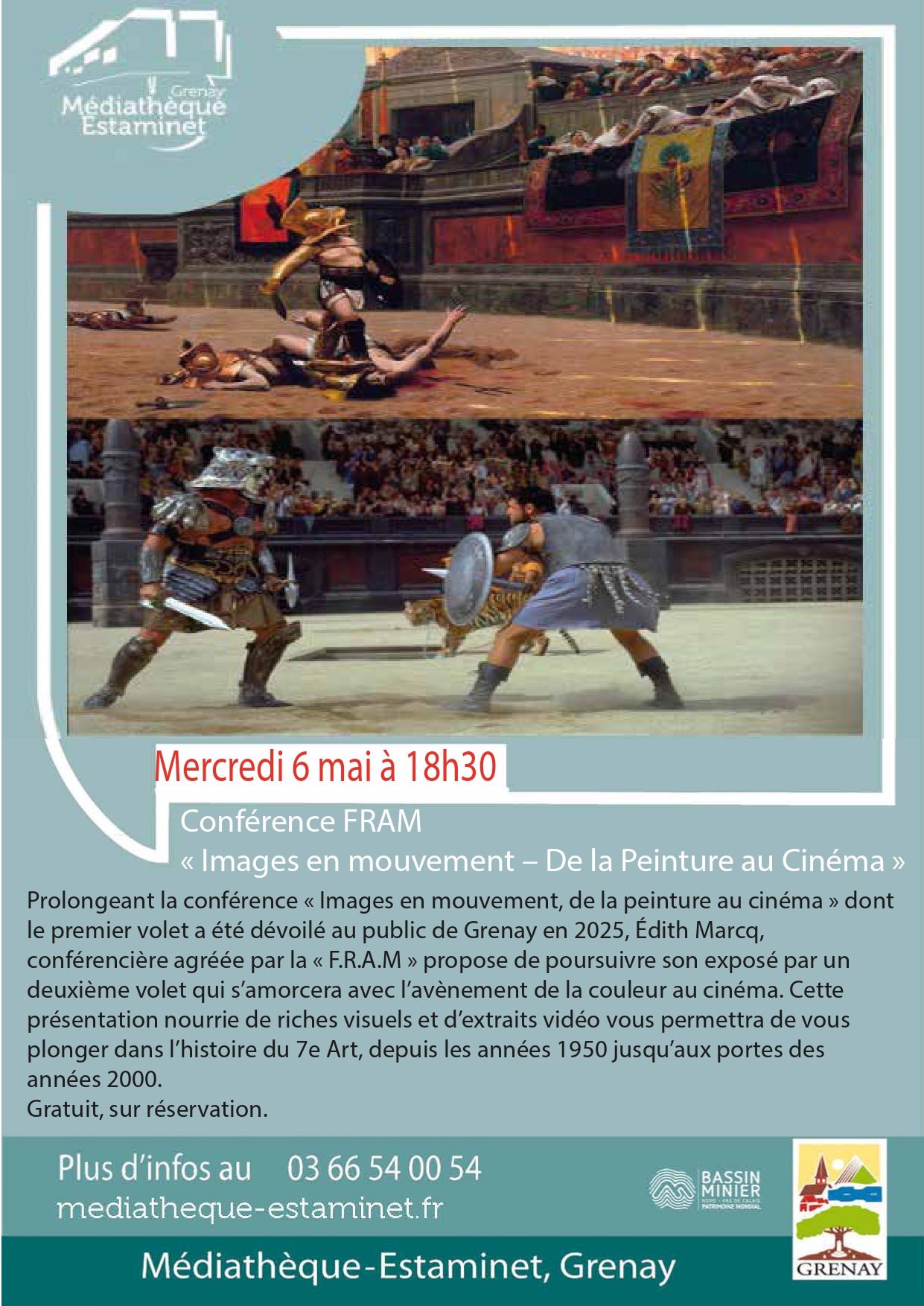 Prolongeant la conférence « Images en mouvement, de la peinture au cinéma » dont le premier volet a été dévoilé au public de Grenay en 2025, Édith Marcq, conférencière agréée par la « F.R.A.M » propose de poursuivre son exposé par un deuxième volet qui s’amorcera avec l’avènement de la couleur au cinéma. Cette présentation nourrie de riches visuels et d’extraits vidéo vous permettra de vous plonger dans l’histoire du 7e Art, depuis les années 1950 jusqu’aux portes des années 2000. 