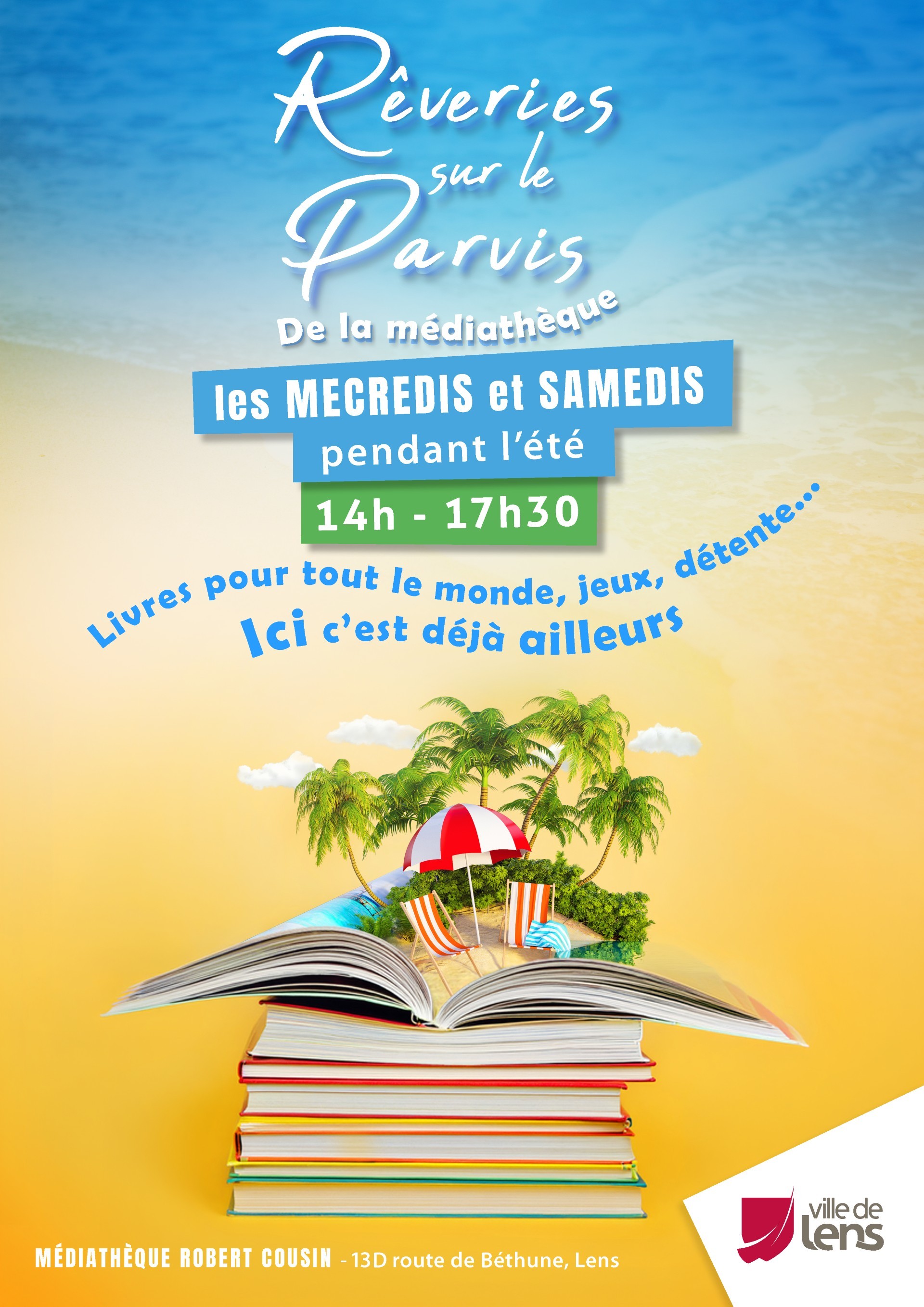 Une pile de livre au dessus de laquelle un livre est ouvert en grand. Au dessus de cette pile, une île avec des palmiers et des transats. Le fond de l'image représente du sable et un ciel bleu clair.