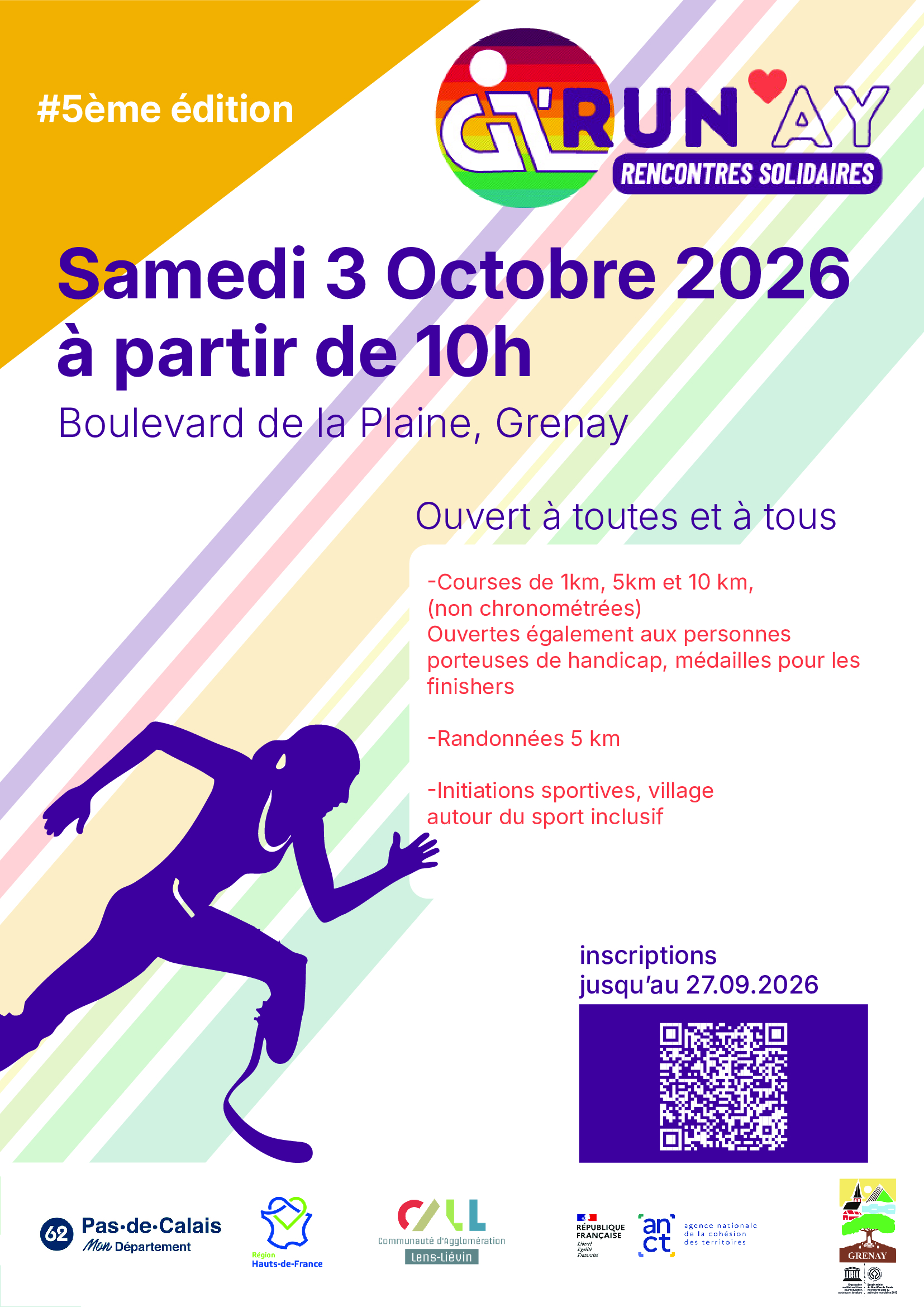 -Courses de 1km, 5km et 10 km, (non chronométrées) Ouvertes également aux personnes porteuses de handicap, médailles pour les finishers -Randonnées 5 km -Initiations sportives, village autour du sport inclusif.