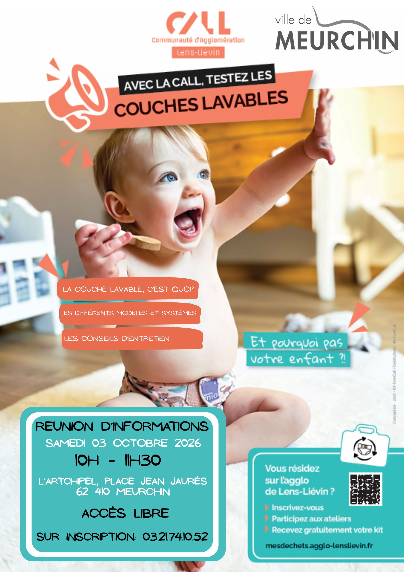 Et si vous passiez aux couches lavables ? 🍼🌿 Participez à notre réunion d’information et découvrez modèles, systèmes et conseils d’entretien. 📅 Samedi 3 octobre 2026 | 10h–11h30 | L’Artchipel à Meurchin 👉 Inscription au 03 21 74 10 52