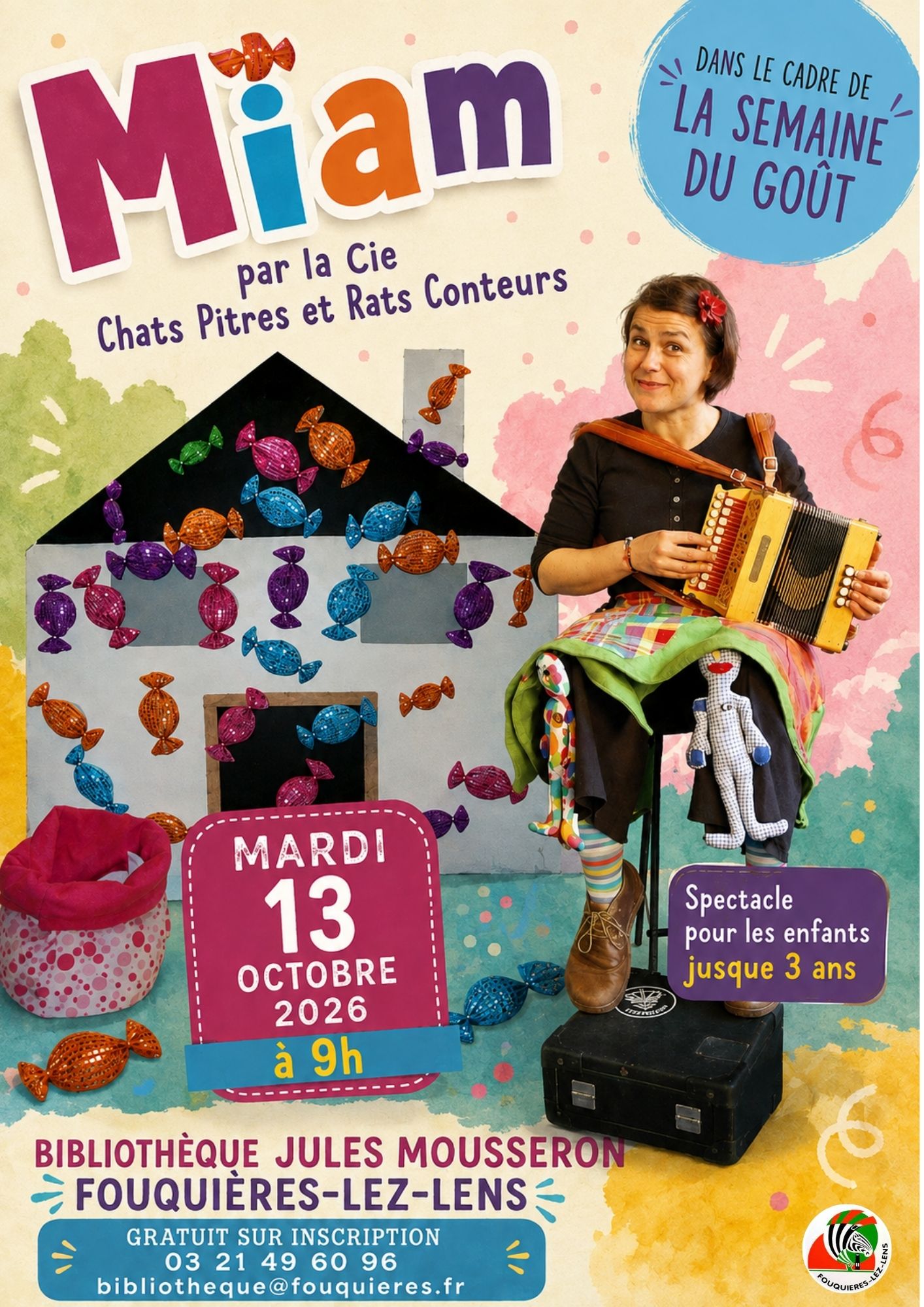 Une maison avec des bonbons, une femme qui joue de l'accordéon