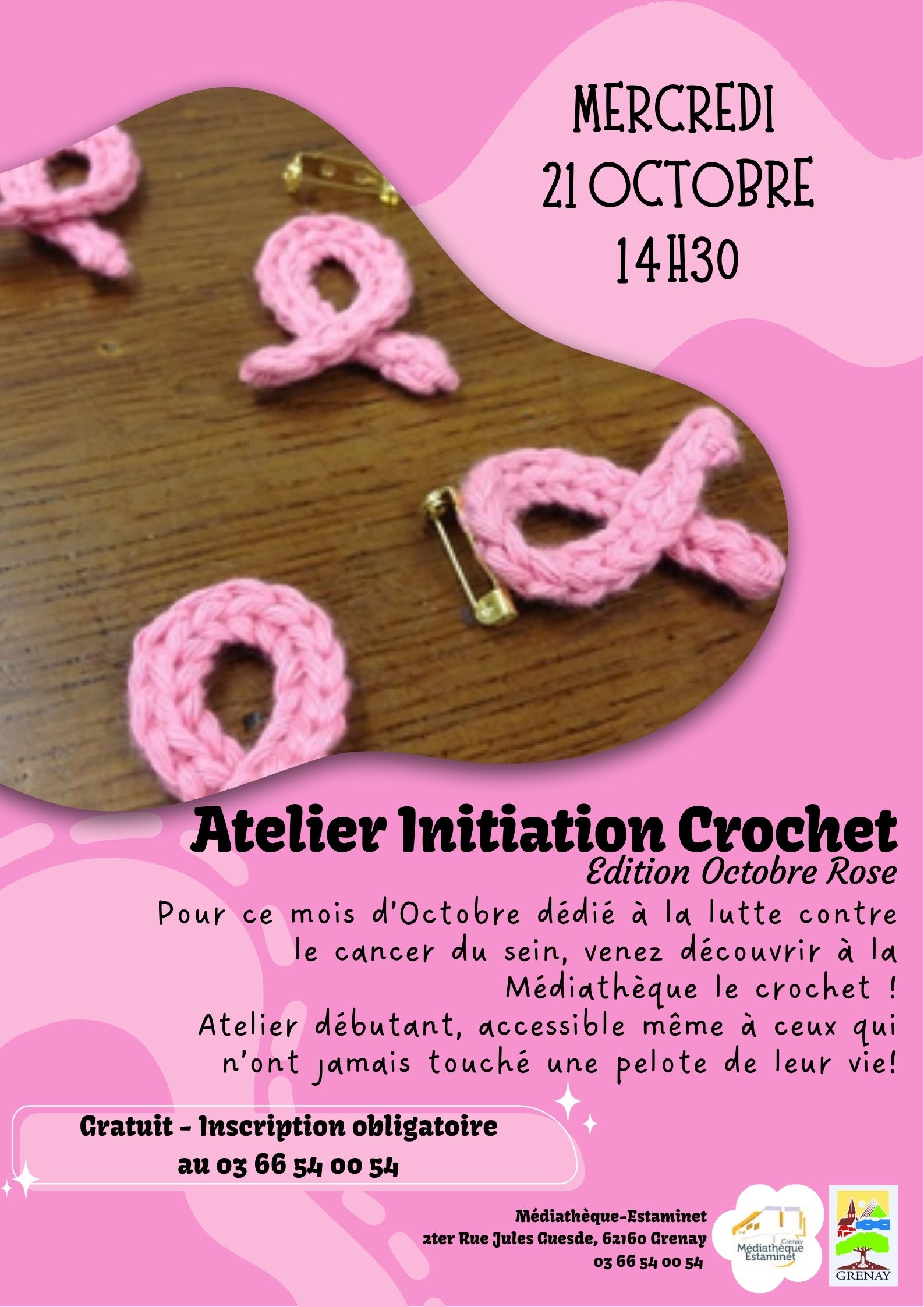 Pour ce mois d'Octobre, dédié à la lutte contre le cancer du sein, venez découvrir à la Médiathèque-Estaminet le Crochet !.Atelier débutant, accessible même à ceux qui n'ont jamais touché une pelote de leur vie!!