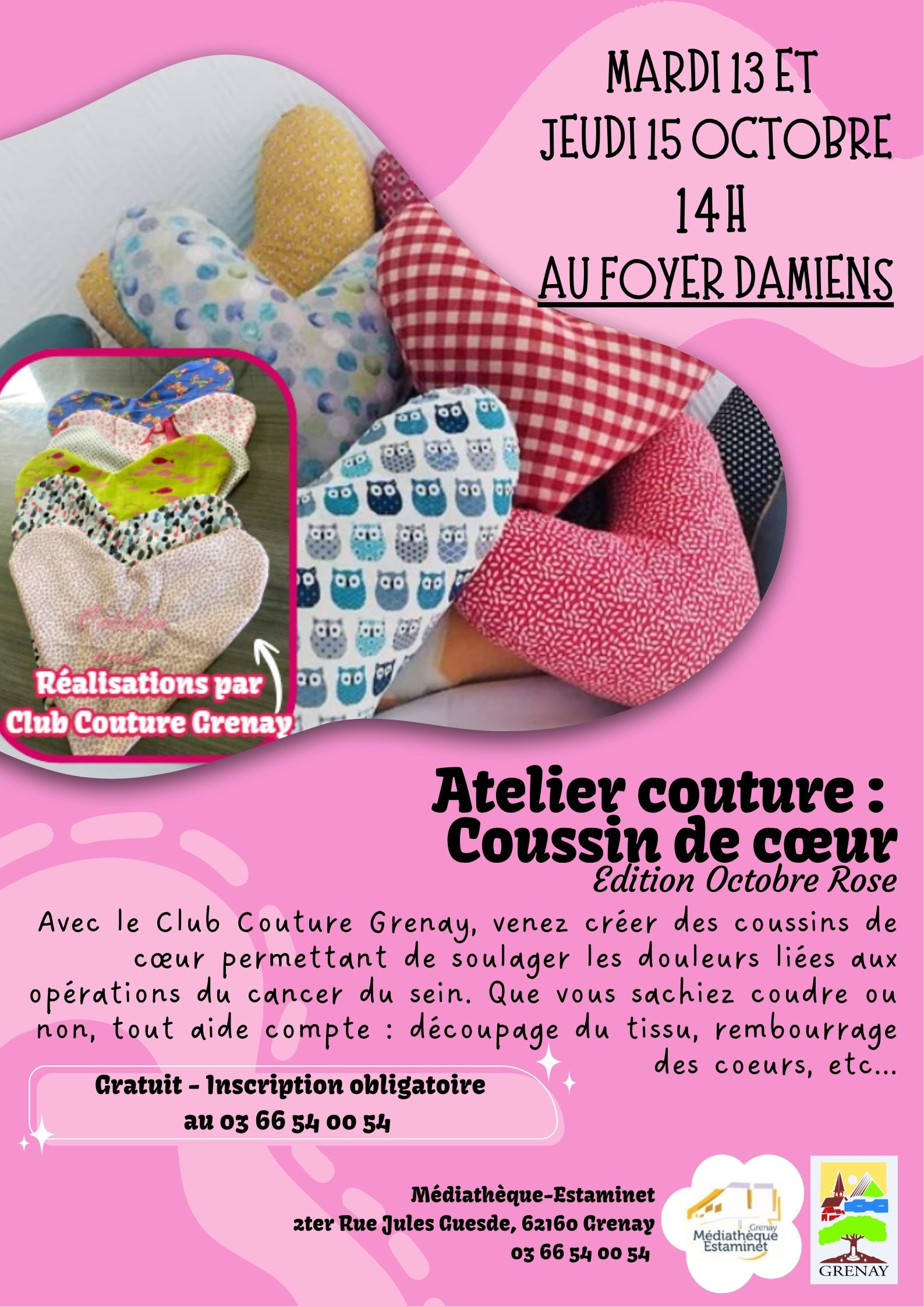 Avec le club Couture de Grenay, venez créer des coussins de cœur permettant de soulager les douleurs liées aux opérations du cancer du sein. Que vous sachiez coudre ou non, tout aide compte : découpe du tissu, rembourrage des cœurs, etc.….