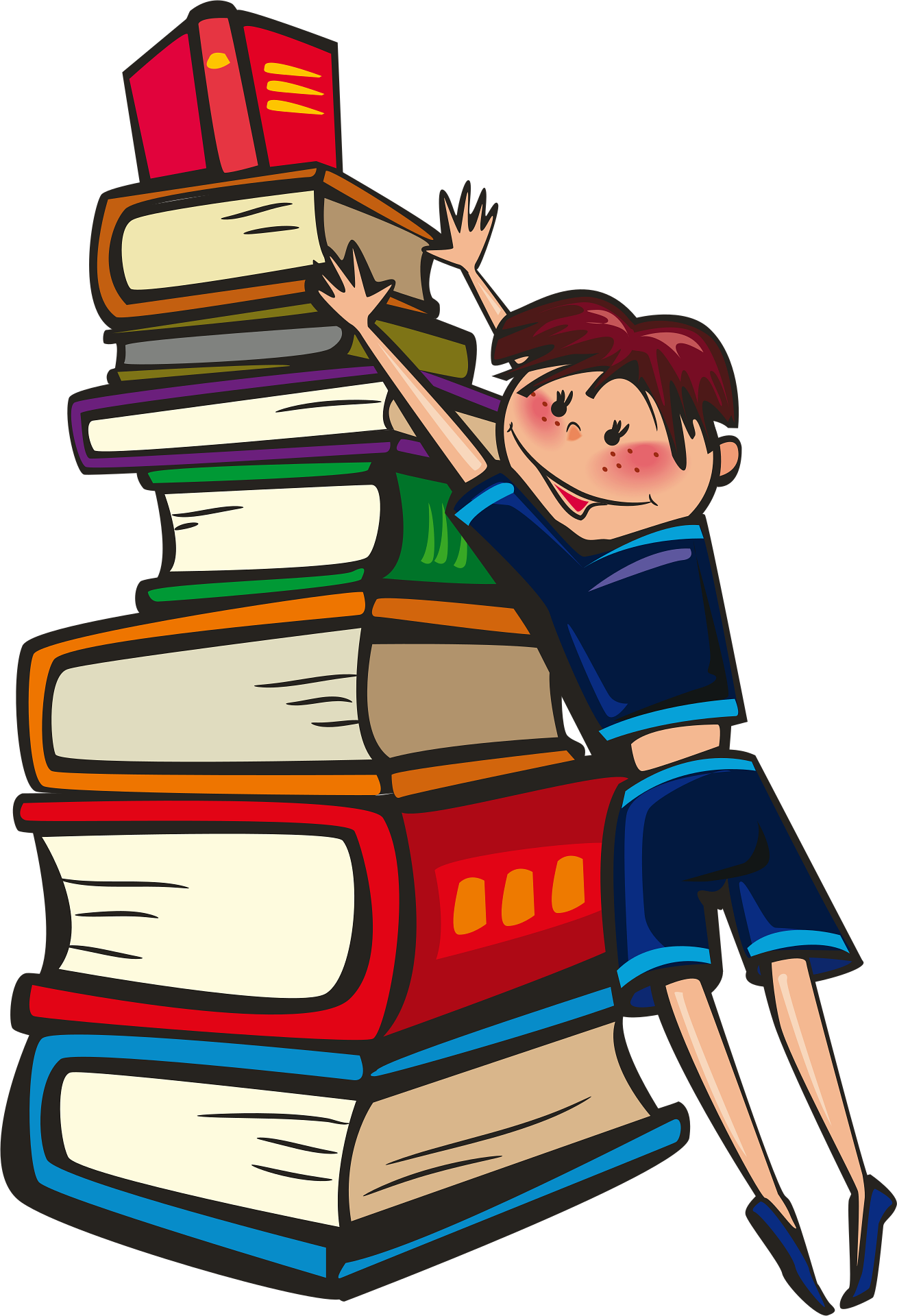 Une enfant essai d'atteindre le haut d'une pile de livres
