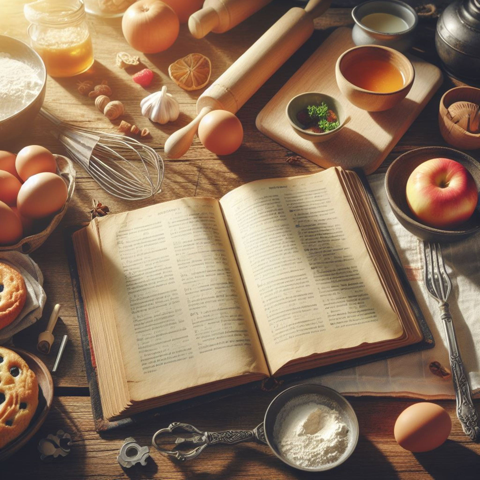 Des tons sépia, un livre un peu ancien est ouvert au centre de l'image. Tou autour, divers contenant, accessoires de cuisine et des ingrédients.