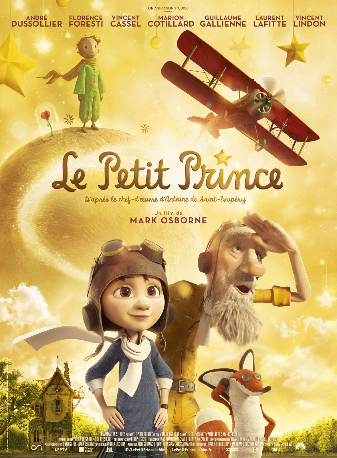 Une personne âgée et un petit garçon regardent l'horizon dans un désert ensoleillé. En haut de l'affiche, le Petit Prince sur une planète et à sa droite un avion à hélices.