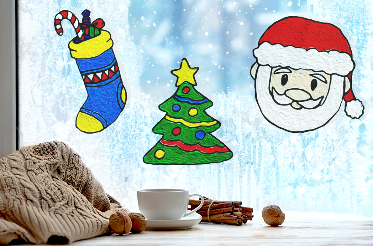 décorations électrostatiques de noël : une chaussette remplie de bons, un sapin et un Père Noël