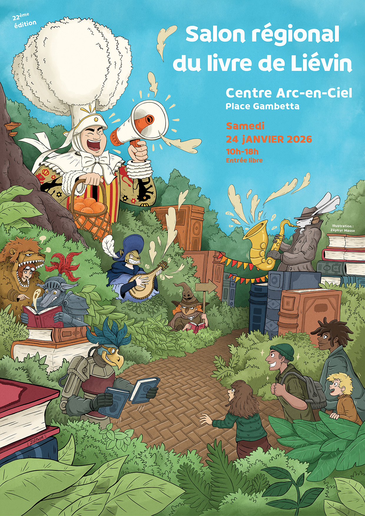 Affiche représentant des animaux issues de la littérature qui lisent et/ou font de la musique