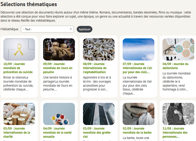 Ecran des Sélections thématiques