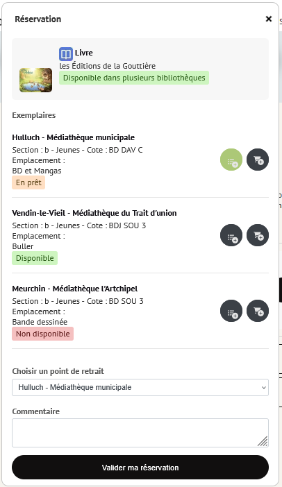 Fenêtre de réservation d'un document
